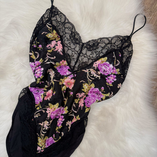 Vintage 1980's Floral Satin Bodysuit/Teddy - Size S
