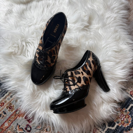 Fendi Authentic Vintage 2006 Leopard Print Pony Hair Patent Leather Heeled Boots