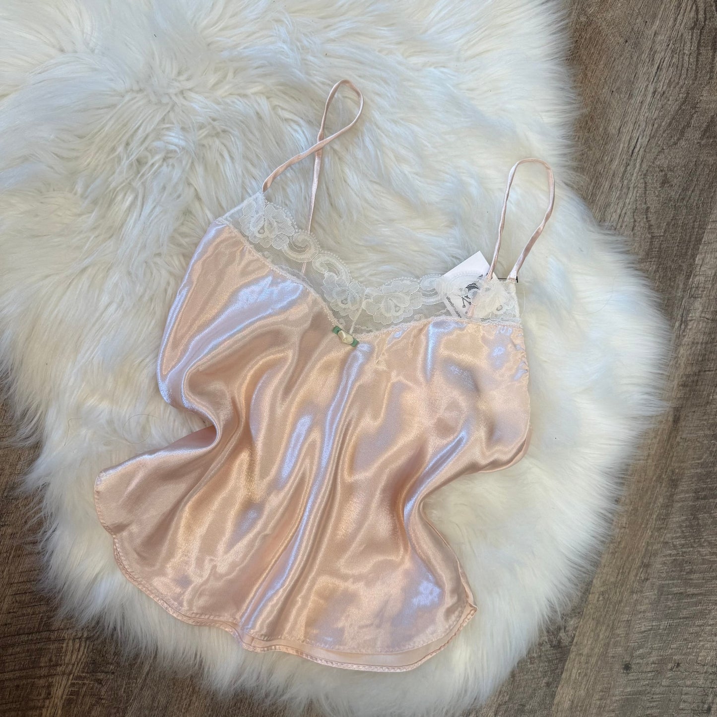Vintage Pink Satin Babydoll Camisole, Lace Trim - Size Small