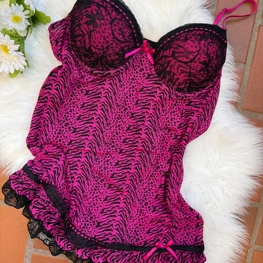 Vintage Hot Pink Animal Print Y2K Slip - Size L/XL