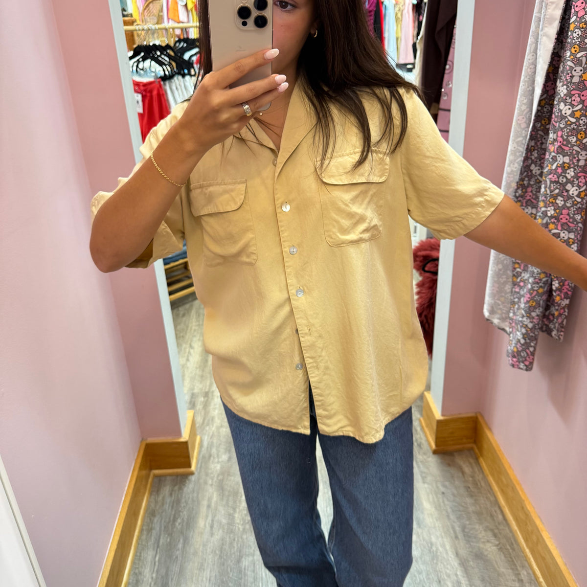 Vintage 1980s 100% Silk Beige Short Sleeve Blouse - M