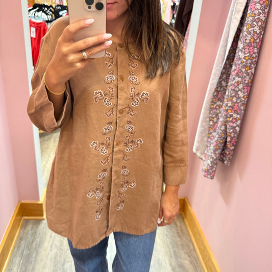 Vintage 100% Linen Boho Embroidered Tunic Button Down Blouse