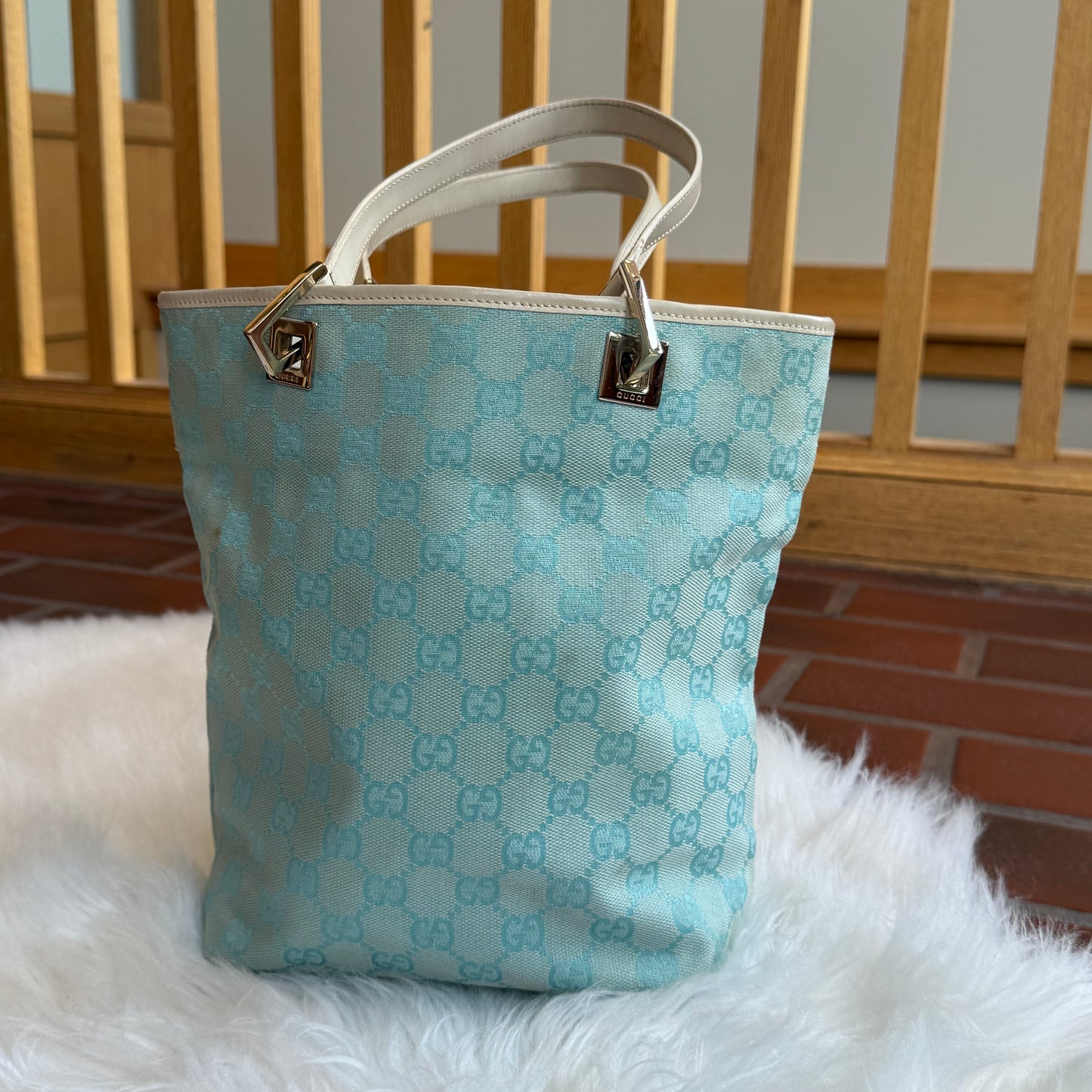 Authentic Gucci Vintage Pastel Blue Monogram Bucket Bag