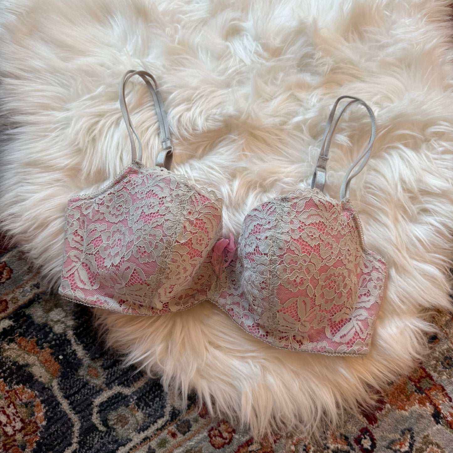 B. Tempt'd Grey & Pink Lace Bra - 34DD