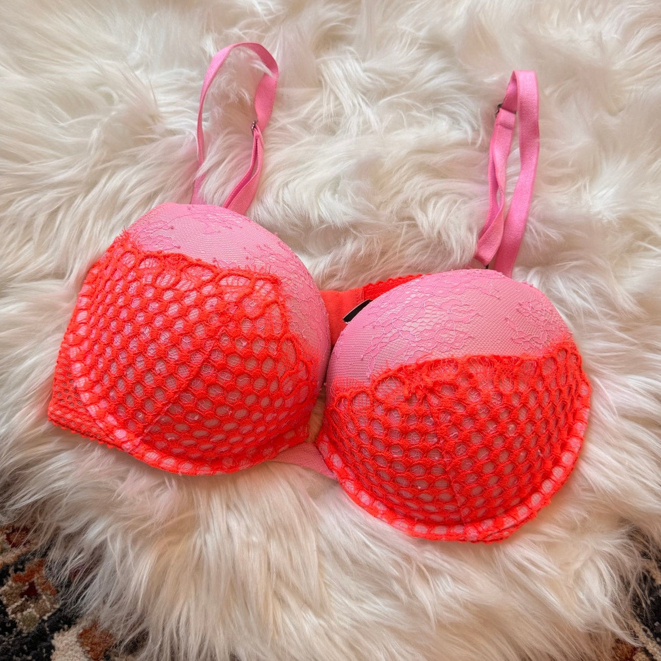 Victoria's Secret Pink & Orange Mesh Push Up Bra - 36C
