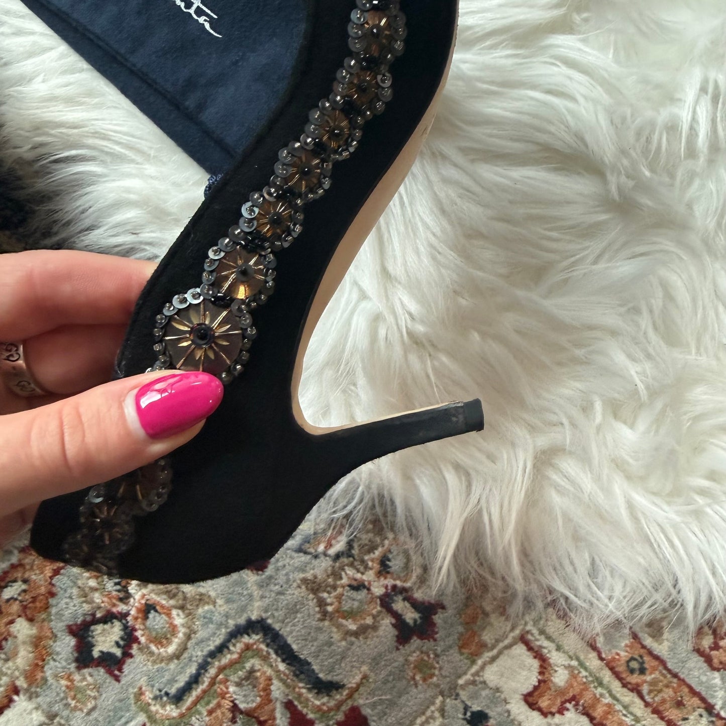 Vintage Oscar de la Renta Beaded/Suede Kitten Heels