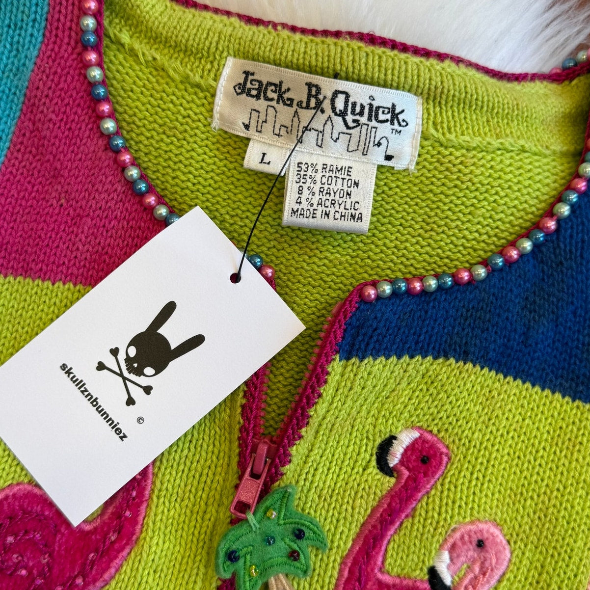 Vintage Flamingo/Palm Tree Grandma Knit Zip Sweater/Cardigan