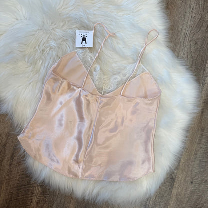 Vintage Pink Satin Babydoll Camisole, Lace Trim - Size Small