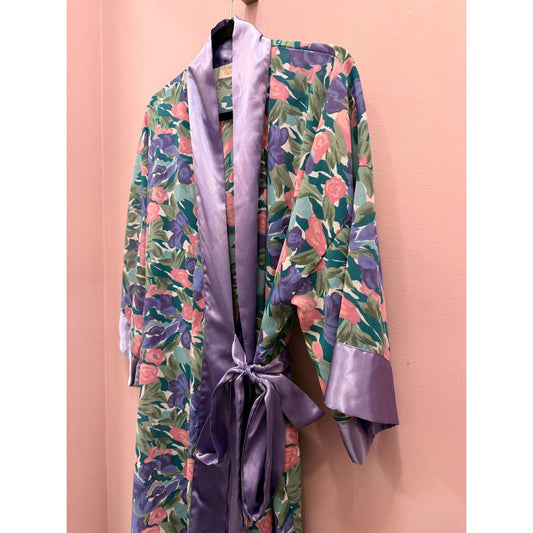 Vintage Victoria's Secret Gold Label 1980s Floral Watercolor Purple Robe - OS