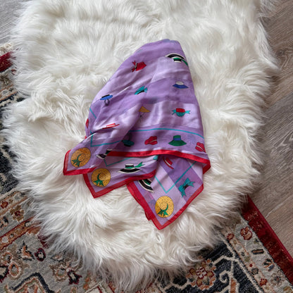 Vintage Silk Scarf with Hat Print
