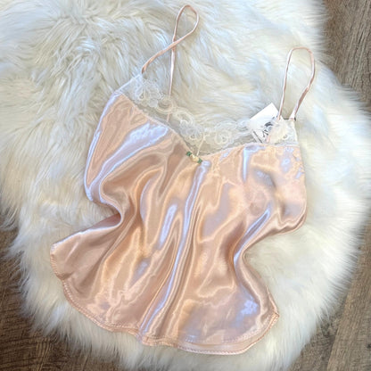 Vintage Pink Satin Babydoll Camisole, Lace Trim - Size Small