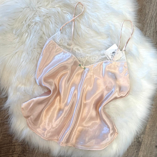 Vintage Pink Satin Babydoll Camisole, Lace Trim - Size Small