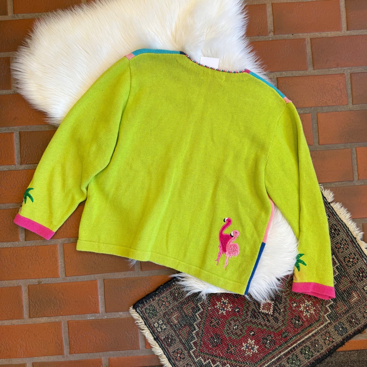 Vintage Flamingo/Palm Tree Grandma Knit Zip Sweater/Cardigan