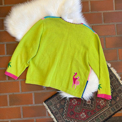 Vintage Flamingo/Palm Tree Grandma Knit Zip Sweater/Cardigan