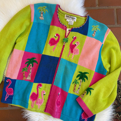 Vintage Flamingo/Palm Tree Grandma Knit Zip Sweater/Cardigan