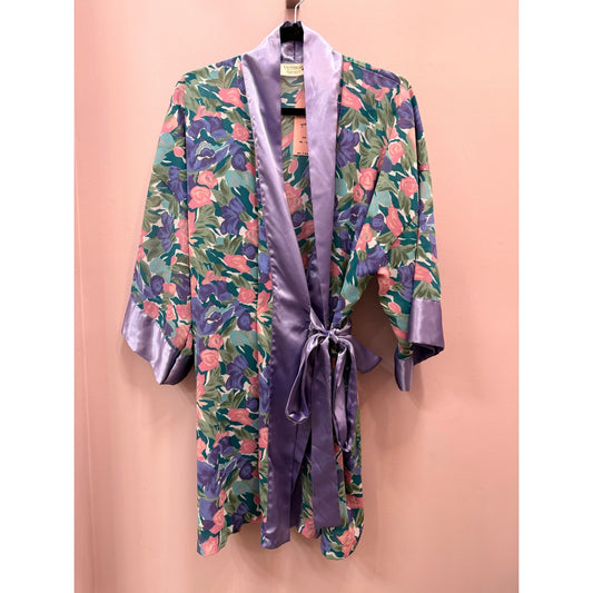 Vintage Victoria's Secret Gold Label 1980s Floral Watercolor Purple Robe - OS