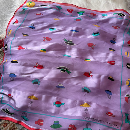 Vintage Silk Scarf with Hat Print