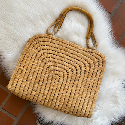 Vintage 1960s Woven Raffia Tote Bag with Bamboo & Rope Handles
