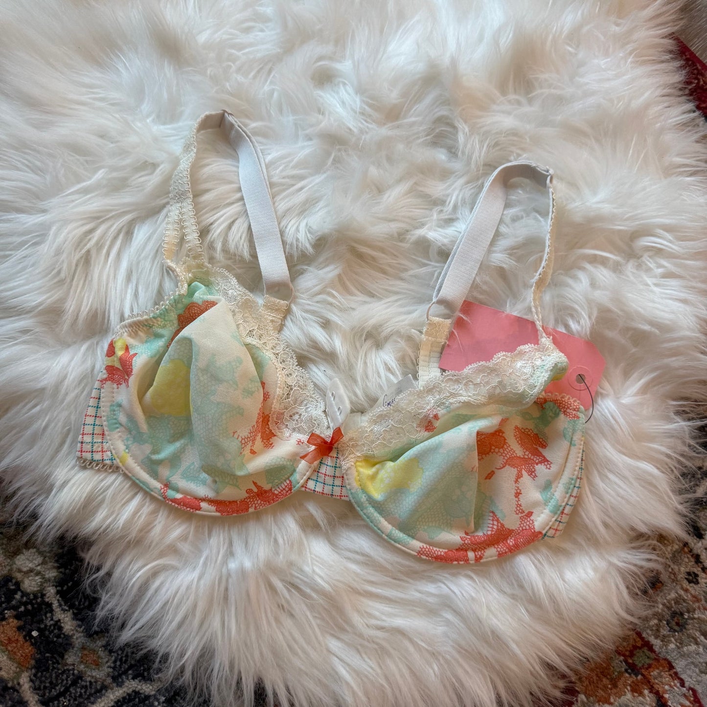 "Whimsy" Watercolor Floral Lace Plaid Bra - 34D