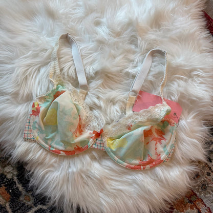 "Whimsy" Watercolor Floral Lace Plaid Bra - 34D