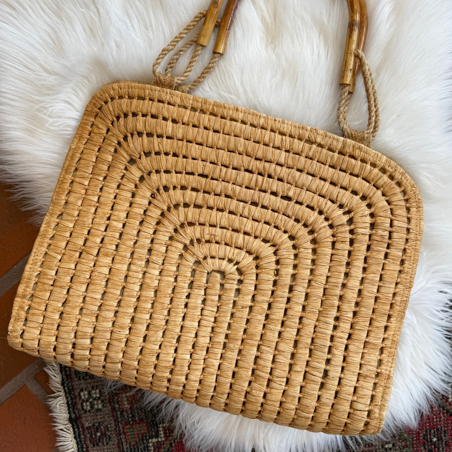 Vintage 1960s Woven Raffia Tote Bag with Bamboo & Rope Handles
