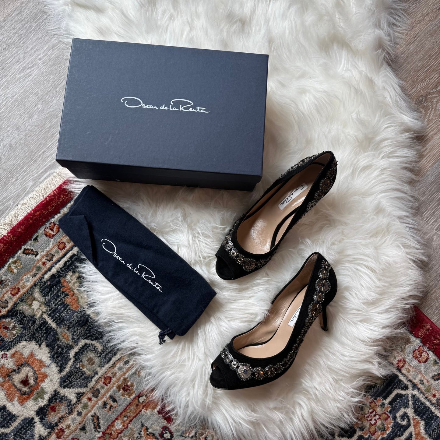 Vintage Oscar de la Renta Beaded/Suede Kitten Heels