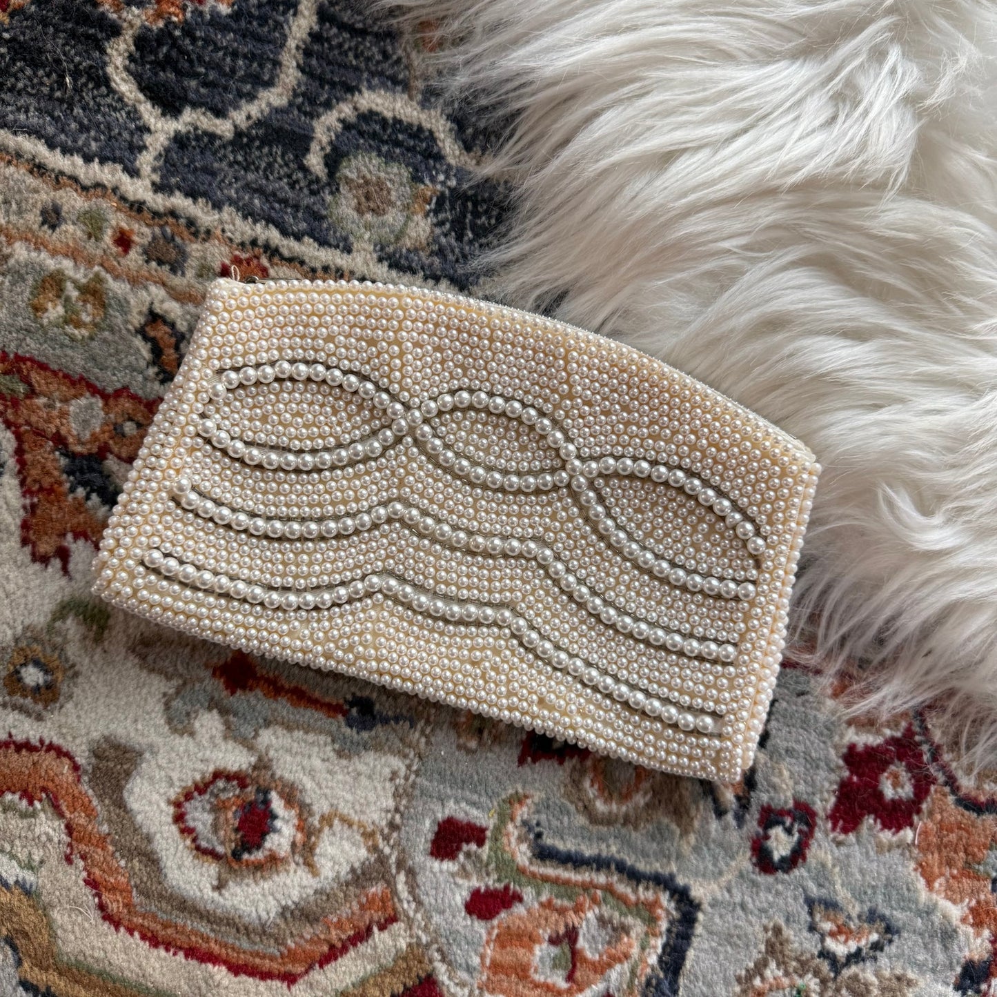 Vintage White Pearl Beaded Elegant Evening Mini Bag/Clutch, Handmade