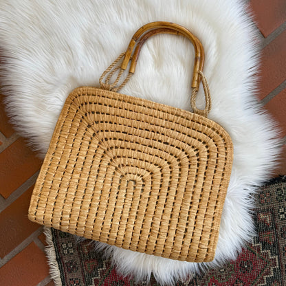 Vintage 1960s Woven Raffia Tote Bag with Bamboo & Rope Handles