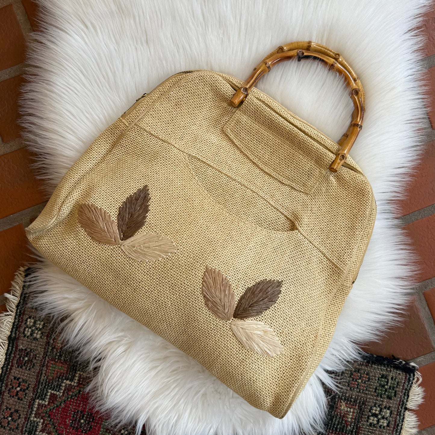 Vintage 1960s Woven Bag with Embroidery Details