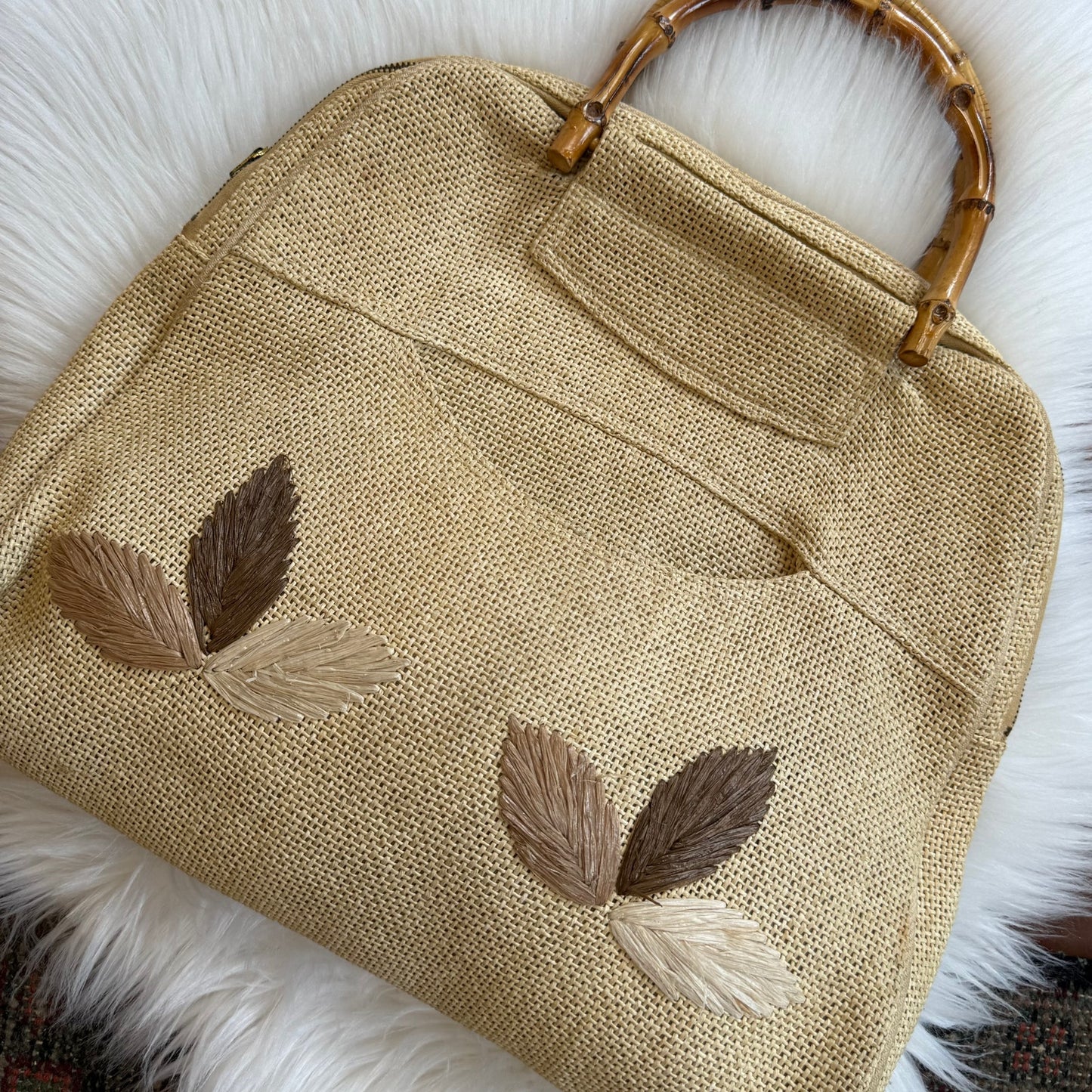 Vintage 1960s Woven Bag with Embroidery Details