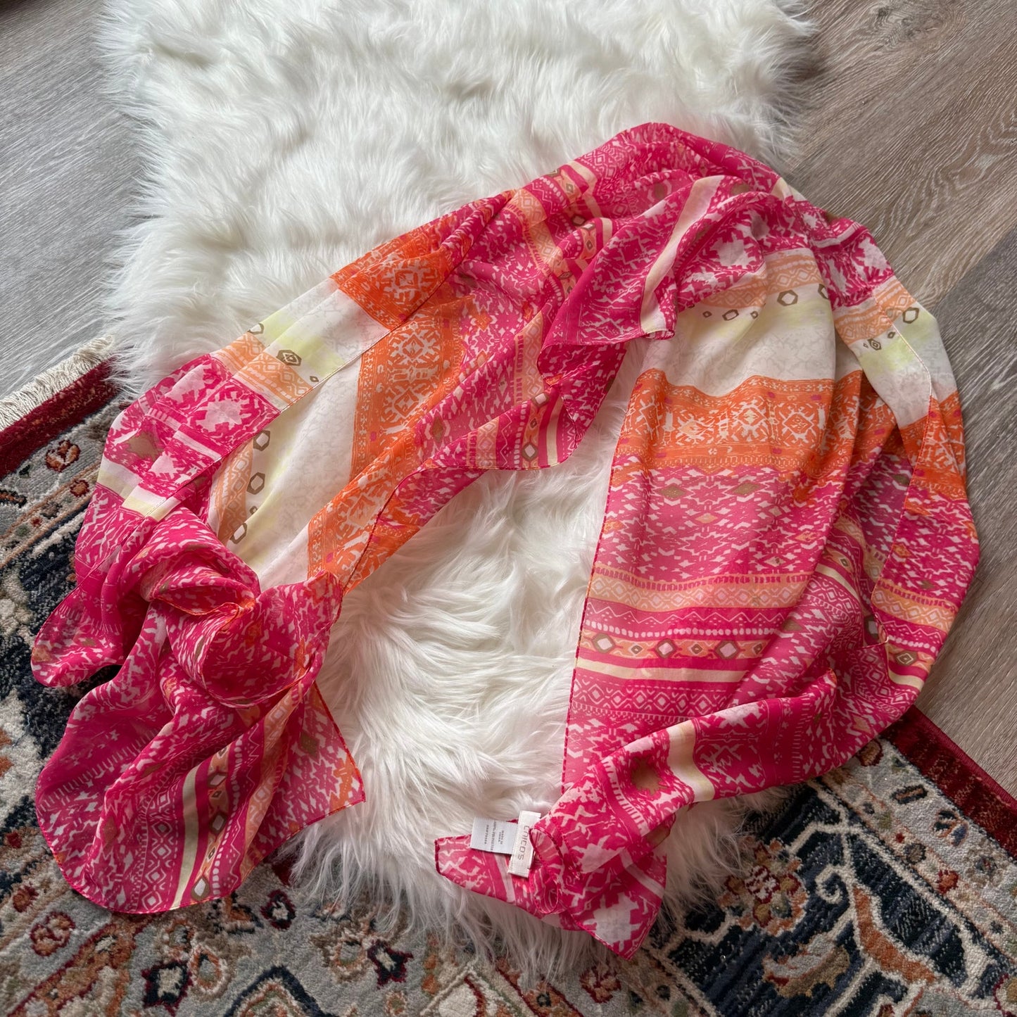 Patterned Pink & Orange Chiffon Scarf