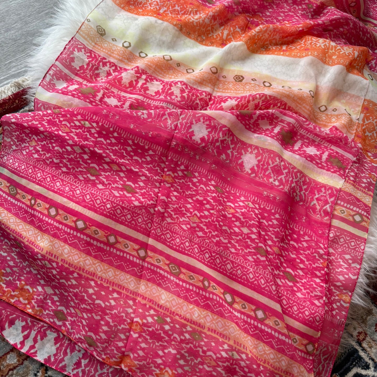 Patterned Pink & Orange Chiffon Scarf