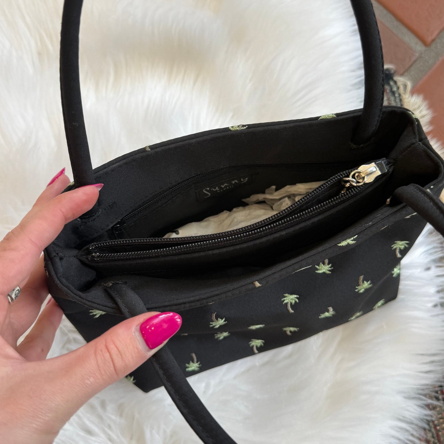 Vintage Y2K Black Satin Palm Tree Bag