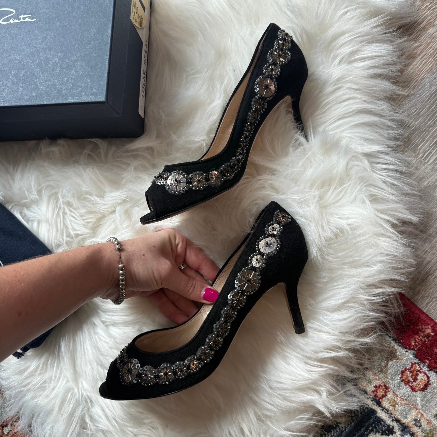 Vintage Oscar de la Renta Beaded/Suede Kitten Heels