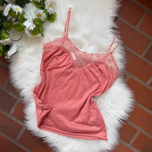 Vintage Orange Soft Babydoll Camisole, Lace Trim - Size S/M