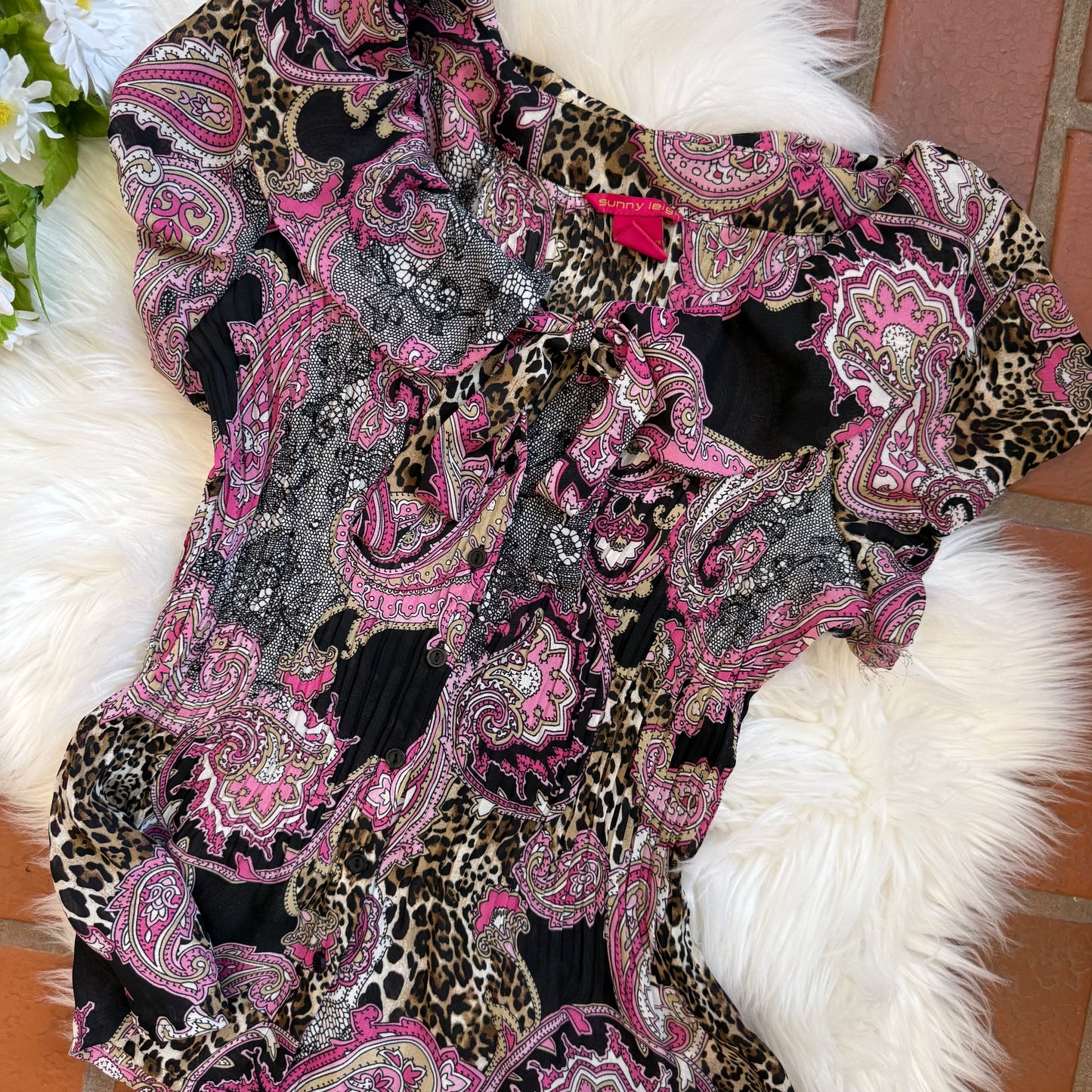 Vintage Crepe Pleated Animal Print Pink Blouse - S, M, L