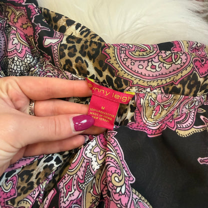 Vintage Crepe Pleated Animal Print Pink Blouse - S, M, L