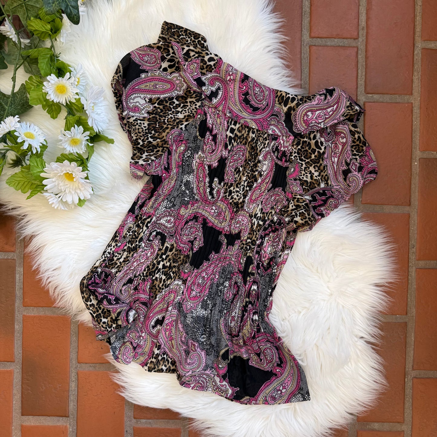Vintage Crepe Pleated Animal Print Pink Blouse - S, M, L