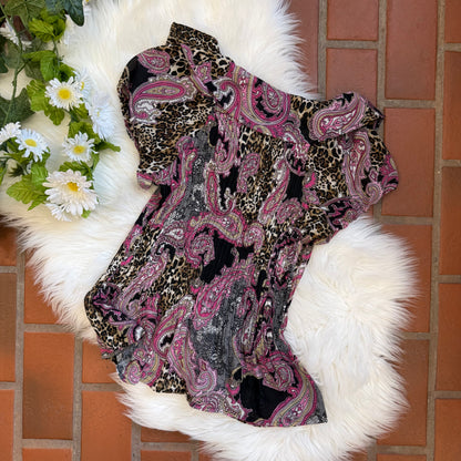 Vintage Crepe Pleated Animal Print Pink Blouse - S, M, L
