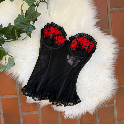 Victoria's Secret Vintage 1990s Red & Black Lace Bustier - XS/S