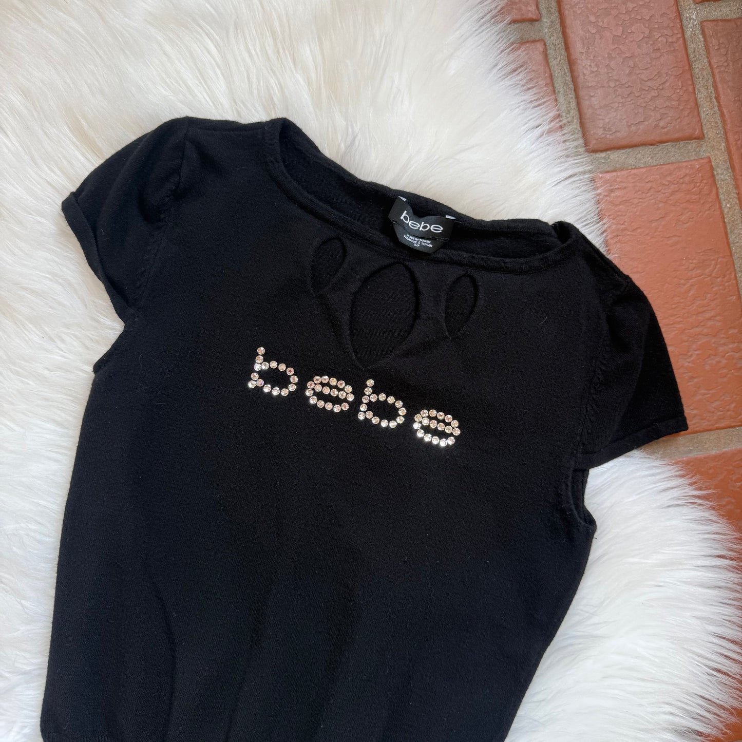 Bebe Vintage Rare Cutout Rhinestone Knit Tee