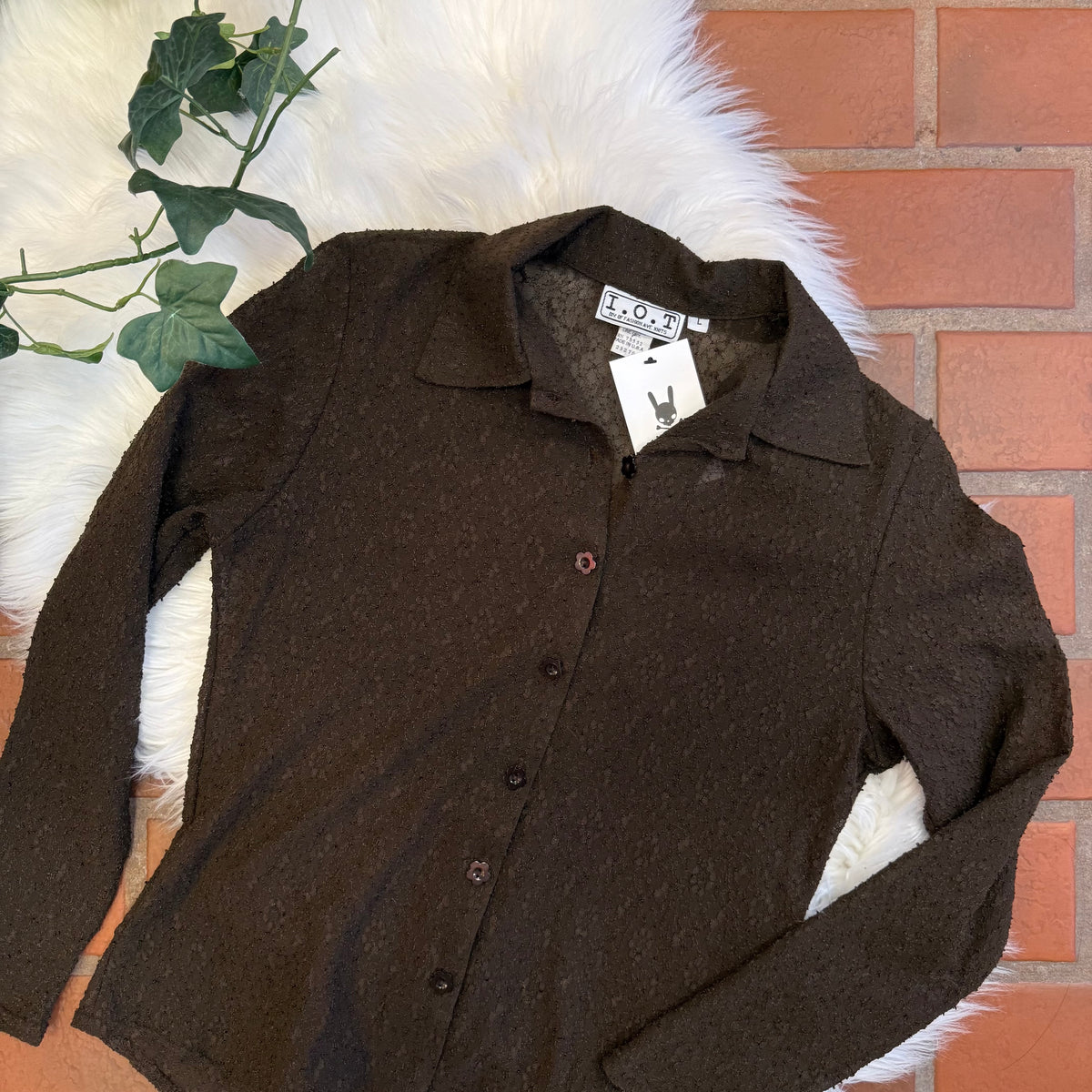Vintage 1980s Sheer Brown Lace Blouse