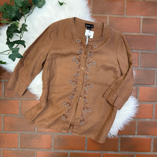 Vintage 100% Linen Boho Embroidered Tunic Button Down Blouse