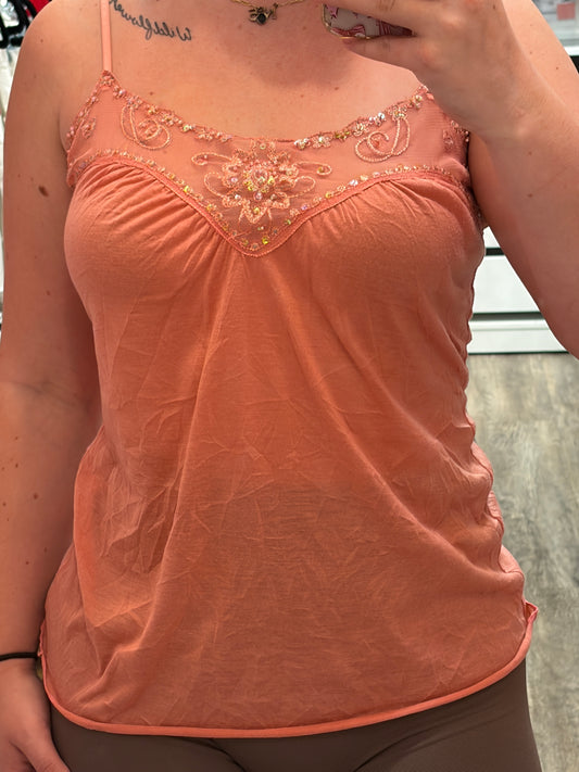 Vintage Orange Soft Babydoll Camisole, Lace Trim - Size S/M