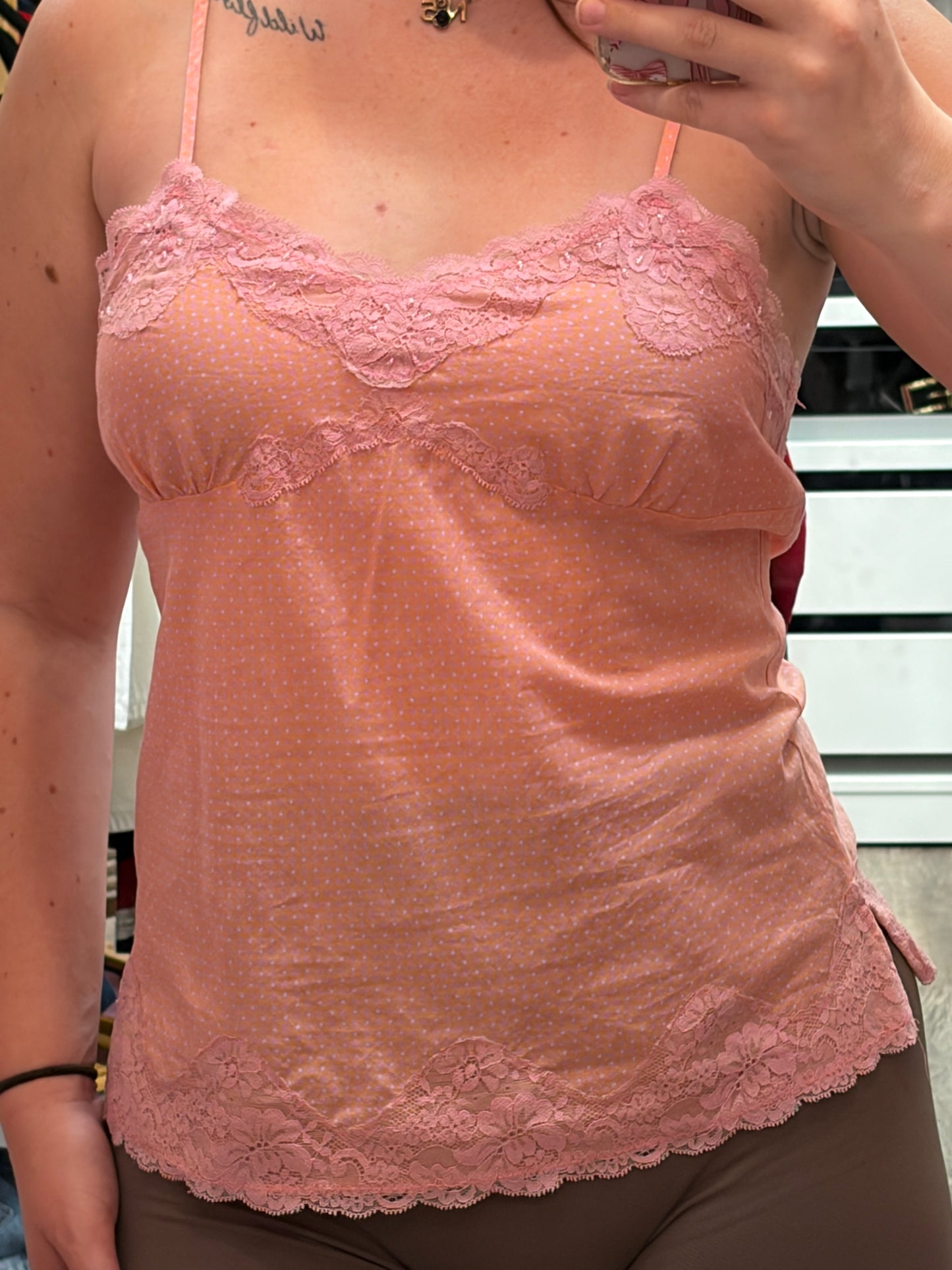 Express Vintage Cotton Polka Dot Camisole, Lace Trim - Size XS/S