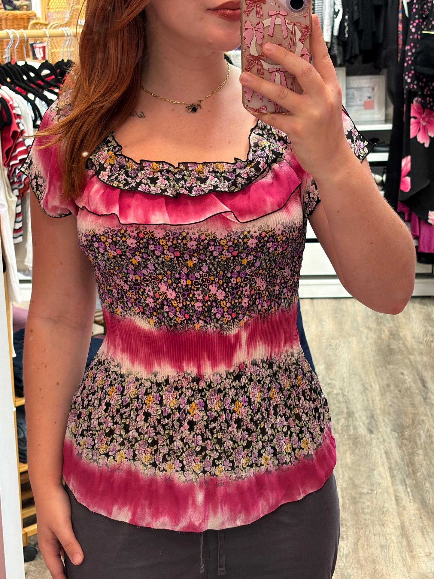 Vintage Crepe Pleated Floral Ruffle Blouse - S, M, L