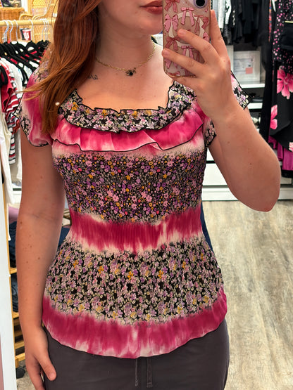 Vintage Crepe Pleated Floral Ruffle Blouse - S, M, L
