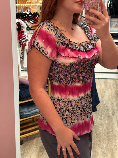 Vintage Crepe Pleated Floral Ruffle Blouse - S, M, L
