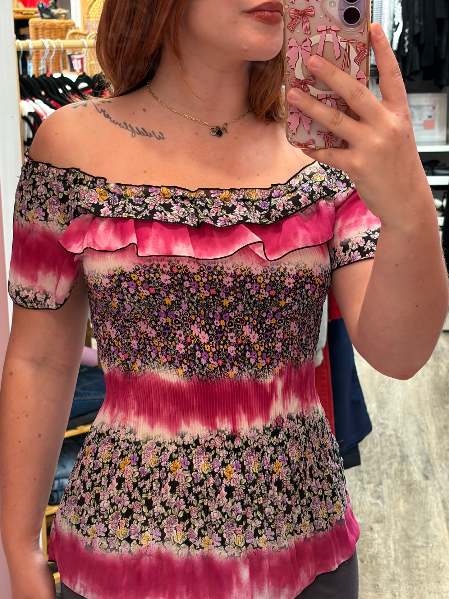 Vintage Crepe Pleated Floral Ruffle Blouse - S, M, L