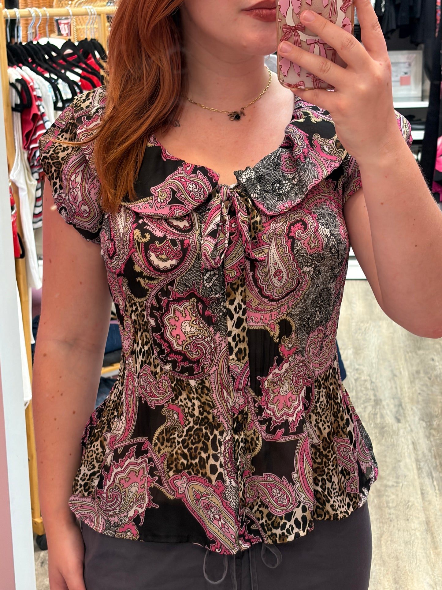 Vintage Crepe Pleated Animal Print Pink Blouse - S, M, L
